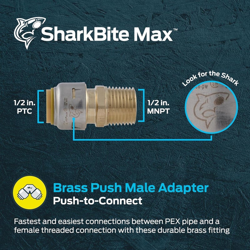 SharkBite Max 1/2 Inch MNPT Adapter, Push to Connect Brass Plumbing Fitting, PEX Pipe, Copper, CPVC, PE-RT, HDPE, UR120A - Image 2